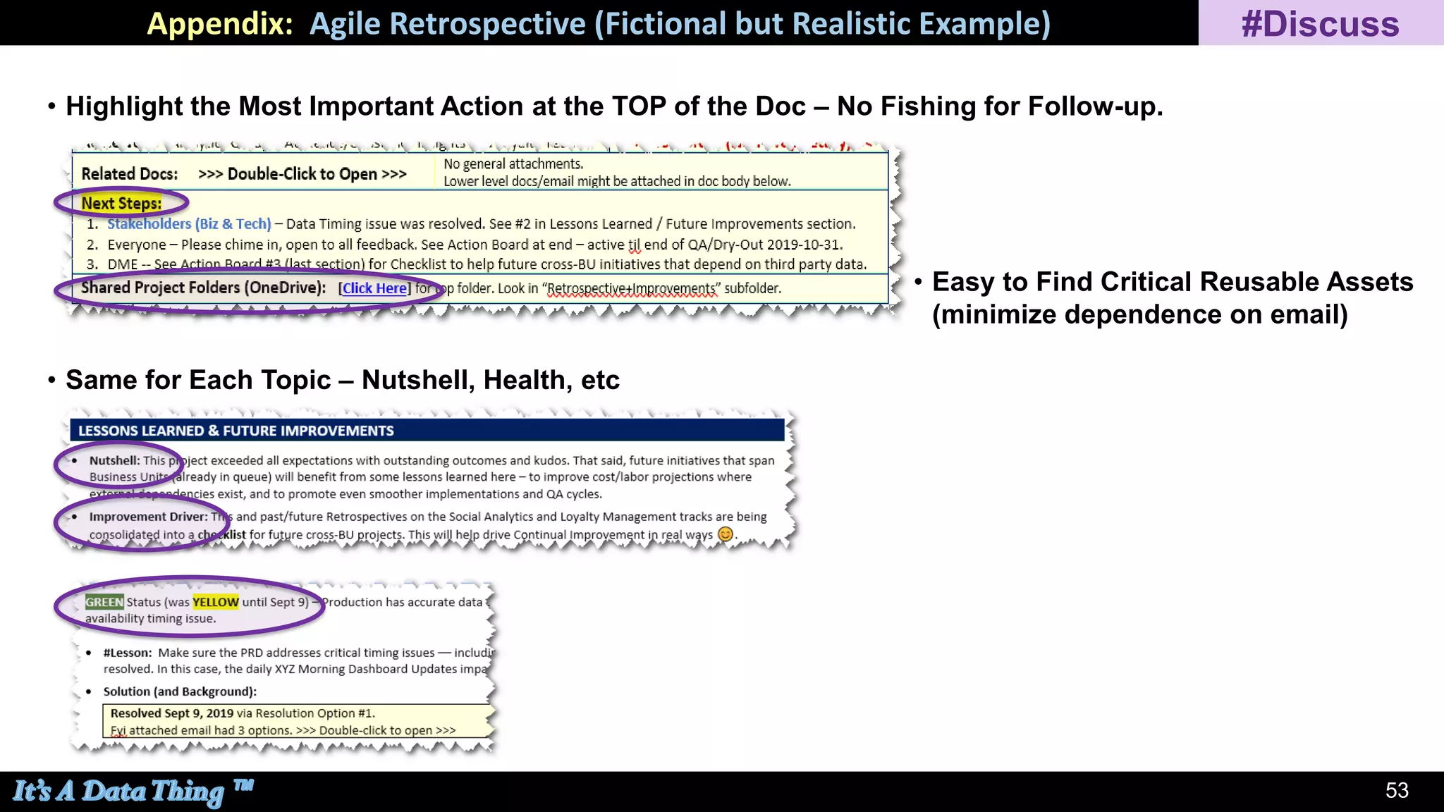 5353
Appendix: Agile Retrospective (Fictional but Realistic Example) #Discuss
• Highlight the Most Important Action at the TOP of the Doc – No Fishing for Follow-up.
• Same for Each Topic – Nutshell, Health, etc
• Easy to Find Critical Reusable Assets
(minimize dependence on email)
 