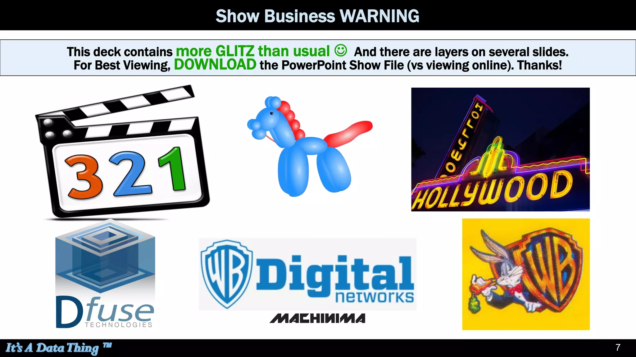 7
This deck contains more GLITZ than usual ☺ And there are layers on several slides.
For Best Viewing, DOWNLOAD the PowerPoint Show File (vs viewing online). Thanks!
Show Business WARNING
 