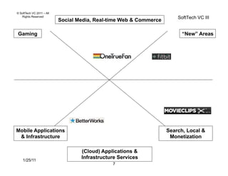 © SoftTech VC 2011 – All
   Rights Reserved                                                      SoftTech VC III
                           Social Media, Real-time Web & Commerce

Gaming                                                                    “New” Areas




Mobile Applications                                                 Search, Local &
 & Infrastructure                                                    Monetization

                                   (Cloud) Applications &
    1/25/11
                                   Infrastructure Services
                                               7
 
