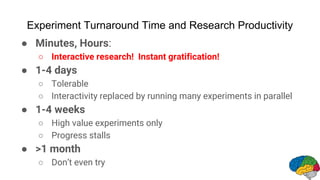 Experiment Turnaround Time and Research Productivity
● Minutes, Hours:
○ Interactive research! Instant gratification!
● 1-4 days
○ Tolerable
○ Interactivity replaced by running many experiments in parallel
● 1-4 weeks
○ High value experiments only
○ Progress stalls
● >1 month
○ Don’t even try
 