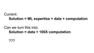 Current:
Solution = ML expertise + data + computation
Can we turn this into:
Solution = data + 100X computation
???
 