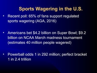 • Recent poll: 65% of fans support regulated
sports wagering (AGA, 2016)
• Americans bet $4.2 billion on Super Bowl; $9.2
billion on NCAA March madness tournament
(estimates 40 million people wagered)
• Powerball odds 1 in 292 million; perfect bracket
1 in 2.4 trillion
Sports Wagering in the U.S.
 