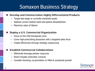 Somaxon Business Strategy
    Develop and Commercialize Highly Differentiated Products
    – Target late-stage or currently marketed assets
    – Address unmet medical need and patient dissatisfaction
    – Maximize value of Silenor


    Deploy a U.S. Commercial Organization
    – Focus on the CNS therapeutic area
    – Cover high-prescribing physicians with a targeted sales force
    – Create efficiencies through strategic outsourcing


    Establish Commercial Collaborations
    – Effectively leverage partner resources
    – Reach broader prescriber universe
    – Consider licensing, co-promotion or M&A to accelerate growth


8
 