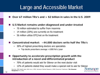 Large and Accessible Market
      Over 67 million TRx’s and > $2 billion in sales in the U.S. 2009


      U.S Market remains under-diagnosed and under-treated
        – 70 million estimated to suffer from insomnia
        – 14 million (20%) are currently on Rx treatment
        – 56 million utilize OTC/not on Rx treatment


      Concentrated market: ~44,000 doctors write half the TRx’s
        – 30% of highest prescribing doctors are specialists
                • Top decile prescribers average >1000 Rx’s /year


      Opportunity to accelerate prescription growth with the
      introduction of a novel and differentiated product
        – 70% of patients would ask for Silenor on the next doctor visit
        – 12% of patients stated they would make a special visit to ask for Silenor
     Sources: IMS Health data, Roth et al, 1999, Somaxon Market Research_2008 (Insomnia Treatment: The Consumer
     Perspective N=1,764)
12
 