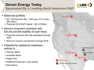 Devon Energy Today
 Balanced portfolio
 Q3 ’15 Production Mix: ~39% gas; 41% crude;
20% NGLs
 Projected 2016 E&P Capital: ~$2-2.5 Billion
 Devon’s long-term contracts with
EnLink provide stability of cash flows
 Fixed fee contracts with rate escalators through
2023
 Minimum volume commitments through 2018
 Potential for additional midstream
activity in:
 Permian Basin
 Anadarko Basin
 Eagle Ford
 Additional build-out in core assets
 New basins
10
Sponsored By a Leading North American E&P
Heavy Oil
Rockies Oil
Barnett Shale
Eagle Ford
Permian Basin
Anadarko Basin
Oil Assets
Liquids-Rich Gas Assets
 