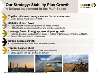 18
Stability of cash flows
 ~95% of gross operating margin from fee-based contracts
 ~50% of gross operating margin from long-term Devon contracts
Top tier midstream energy service for our customers
 Mastio Service Award winner in 2014
Leverage Devon Energy sponsorship for growth
 Potential dropdown candidates from Devon in first half of 2016: Access Pipeline and NGPL
 Serving E&P portfolio in its growth areas
Strong organic growth
 South Louisiana and West Texas expansion projects
Top-tier balance sheet
 Investment grade credit rating at ENLK since inception
 Strong liquidity with a $1.5 billion credit facility
Note: Gross operating margin is a non-GAAP financial measure and is explained on page 3.
Our Strategy: Stability Plus Growth
A Unique Investment in the MLP Space
 