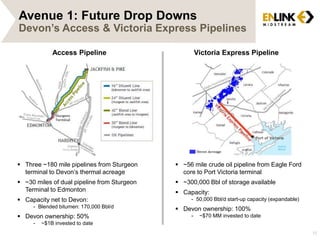 Avenue 1: Future Drop Downs 
Devon’s Access & Victoria Express Pipelines 
12 
Access Pipeline Victoria Express Pipeline 
 Three ~180 mile pipelines from Sturgeon 
terminal to Devon’s thermal acreage 
 ~30 miles of dual pipeline from Sturgeon 
Terminal to Edmonton 
 Capacity net to Devon: 
- Blended bitumen: 170,000 Bbl/d 
 Devon ownership: 50% 
- ~$1B invested to date 
 ~56 mile crude oil pipeline from Eagle Ford 
core to Port Victoria terminal 
 ~300,000 Bbl of storage available 
 Capacity: 
- 50,000 Bbl/d start-up capacity (expandable) 
 Devon ownership: 100% 
- ~$70 MM invested to date 
 