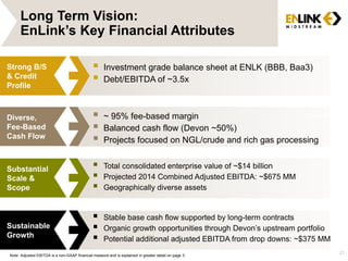 Long Term Vision: 
EnLink’s Key Financial Attributes 
Strong B/S 
& Credit 
Profile 
Diverse, 
Fee-Based 
Cash Flow 
Substantial 
Scale & 
Scope 
Sustainable 
Growth 
21 
 
Investment grade balance sheet at ENLK (BBB, Baa3) 
 
Debt/EBITDA of ~3.5x 
 
~ 95% fee-based margin 
 
Balanced cash flow (Devon ~50%) 
 
Louisiana 
Projects focused on NGL/crude and rich gas processing 
 
Total consolidated enterprise value of ~$14 billion 
 
Projected 2014 Combined Adjusted EBITDA: ~$675 MM 
 
Geographically diverse assets 
 
Stable base cash flow supported by long-term contracts 
 
Organic growth opportunities through Devon’s upstream portfolio 
 
Potential additional adjusted EBITDA from drop downs: ~$375 MM 
Note: Adjusted EBITDA is a non-GAAP financial measure and is explained in greater detail on page 3. 
 