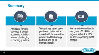 Summary
25
Anticipate foreign
currency & global
economic volatility
remain challenging
in coming quarters
Tennant has never been
positioned better in the
market with its innovative
product and technology
portfolio and go-to-
market strategy
We remain committed to
our goals of $1 Billion in
organic sales & a 12%
or above operating profit
margin
$1B
 