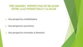 TRES GRANDES PERSPECTIVAS DE RELACION
ENTRE LA ACTIVIDAD FISICA Y LA SALUD
a) Una perspectiva rehabilitadora
b) Una perspectiva preventiva
c) Una perspectiva orientada al bienestar.
 