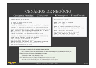 CENÁRIOS DE NEGÓCIO
8 / 30Jefferson Andrade – CE-229 – BDD
Subcategoria – EspecificaçãoCategoria Principal – User Story
 