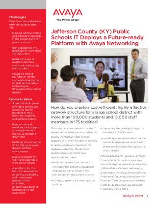 Jefferson County (KY) Public
Schools IT Deploys a Future-ready
Platform with Avaya Networking
How do you create a cost-efficient, highly effective
network structure for a large school district with
more than 100,000 students and 15,000 staff
members in 175 facilities?
That’s the complex question that the IT
experts and administrators at Jefferson
County (Kentucky) Public Schools
grappled with when the district decided
to deploy a network foundation for
modern electronics. The district’s
specific objectives for the new
deployment included:
•	establishing a platform that could
meet all of the district’s educational
and administrative needs in the
present and for many years to come
•	bringing gigabit to the desktop at all
facilities
•	supporting the growing bring-your-
own-device (BYOD) trend
•	providing a strong foundation for the
successful deployment of VoIP and
wireless technologies throughout the
school district
After a detailed RFP process, Jefferson
County Public Schools chose Avaya
Virtual Enterprise Network Architecture
(VENA) Fabric Connect technology
deployed on the Avaya Virtual Services
Platform 9000, Avaya Virtual Services
Platform 7000, Avaya Virtual Services
Platform 4000, and Avaya Ethernet
Routing Switches 4800.
avaya.com | 1
Challenges
Deploy a comprehensive
network solution that
will:
•	 Meet all administrative
and educational needs
in the present and for
years to come
•	 Bring gigabit to the
desktop for more than
115,000 users
•	 Enable the use of
multiple personal
electronic devices by
each student
•	 Provide a strong
foundation for the
successful deployment
of VoIP and wireless
technologies
throughout the school
district
Business Value
•	 Speed of deployment,
affording immediate
access to higher
bandwidth by all
teachers, students,
and administrators
•	 Ease of use and
excellent tech support
– saving time and
money, eliminating
downtime
•	 Enabling the evolution
of a bring-your-own-
device (BYOD)
environment
•	 Robust support for
VoIP and expanded
wireless coverage
•	 A platform for the
future that provides
reliability, scalability,
and investment
protection for
unlimited,
uninterrupted use of
technology in the
classroom
 