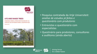 • Pesquisa contratada da Vrije Universiteit:
analise de estudos já feitos e
questionário com produtores
• Entrevistas e questionário com
especialistas
• Questinário para produtores, consultores
e auditores (ainda aberto)
 