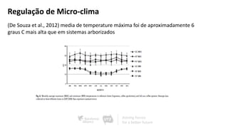 Regulação de Micro-clima
(De Souza et al., 2012) media de temperature máxima foi de aproximadamente 6
graus C mais alta que em sistemas arborizados
 