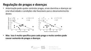Regulação de pragas e doenças
• Arborização pode ajudar controlar pragas, ervas daninhas e doenças ao
criar diversidade e condições não favoráveis para o desenvolvimento
destes
• Mas isso é muito specifico para cada praga e muita sombra pode
causar aumento de pragas e doenças
 