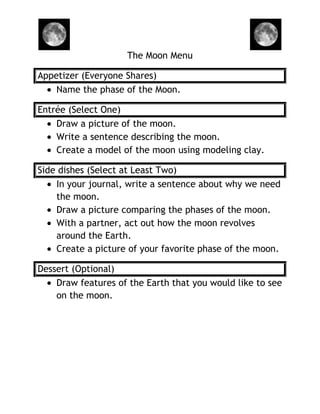 The Moon Menu

Appetizer (Everyone Shares)
    Name the phase of the Moon.

Entrée (Select One)
    Draw a picture of the moon.
    Write a sentence describing the moon.
    Create a model of the moon using modeling clay.

Side dishes (Select at Least Two)
    In your journal, write a sentence about why we need
    the moon.
    Draw a picture comparing the phases of the moon.
    With a partner, act out how the moon revolves
    around the Earth.
    Create a picture of your favorite phase of the moon.

Dessert (Optional)
    Draw features of the Earth that you would like to see
    on the moon.
 