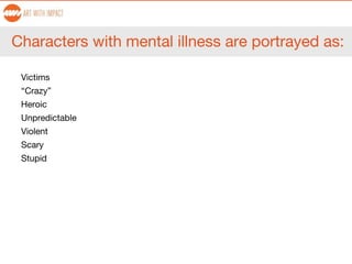 Characters with mental illness are portrayed as:
Victims
“Crazy”
Heroic
Unpredictable
Violent
Scary
Stupid
 