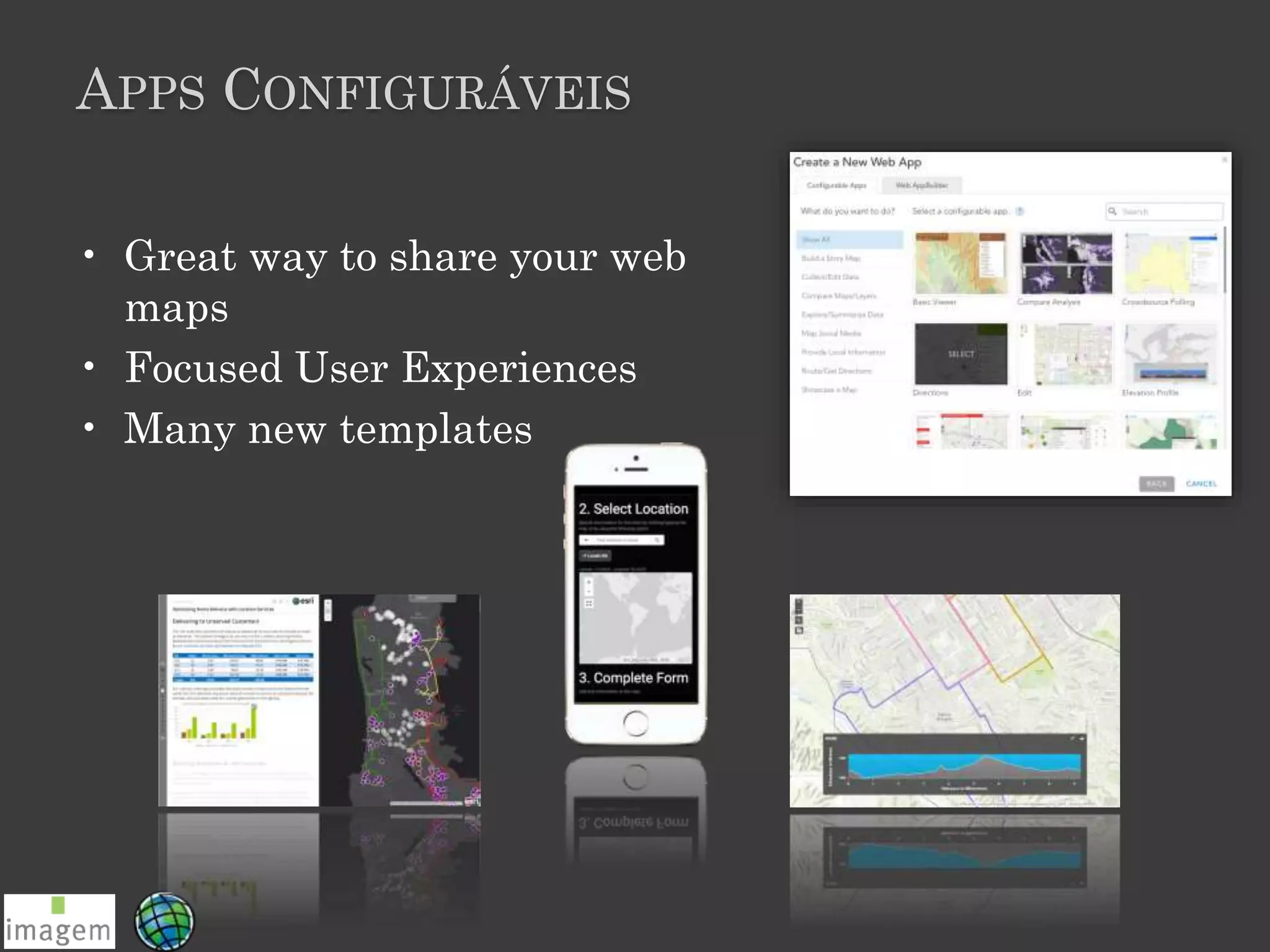 APPS CONFIGURÁVEIS
• Great way to share your web
maps
• Focused User Experiences
• Many new templates
 