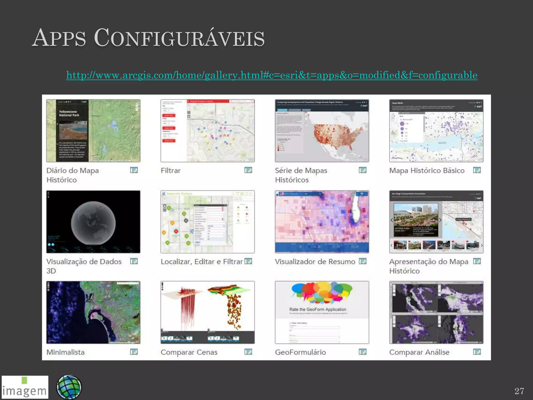 APPS CONFIGURÁVEIS
http://www.arcgis.com/home/gallery.html#c=esri&t=apps&o=modified&f=configurable
27
 