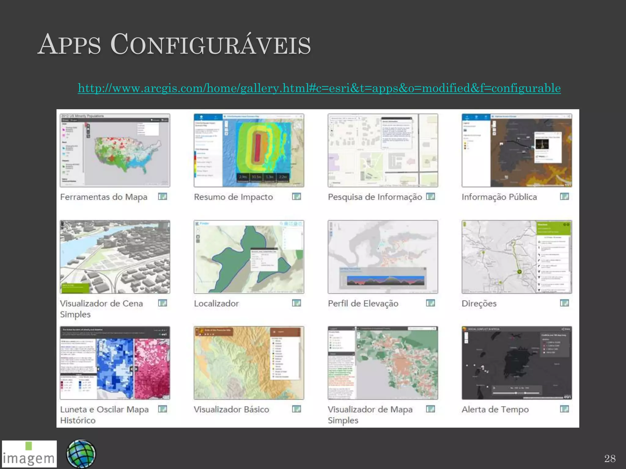 APPS CONFIGURÁVEIS
http://www.arcgis.com/home/gallery.html#c=esri&t=apps&o=modified&f=configurable
28
 