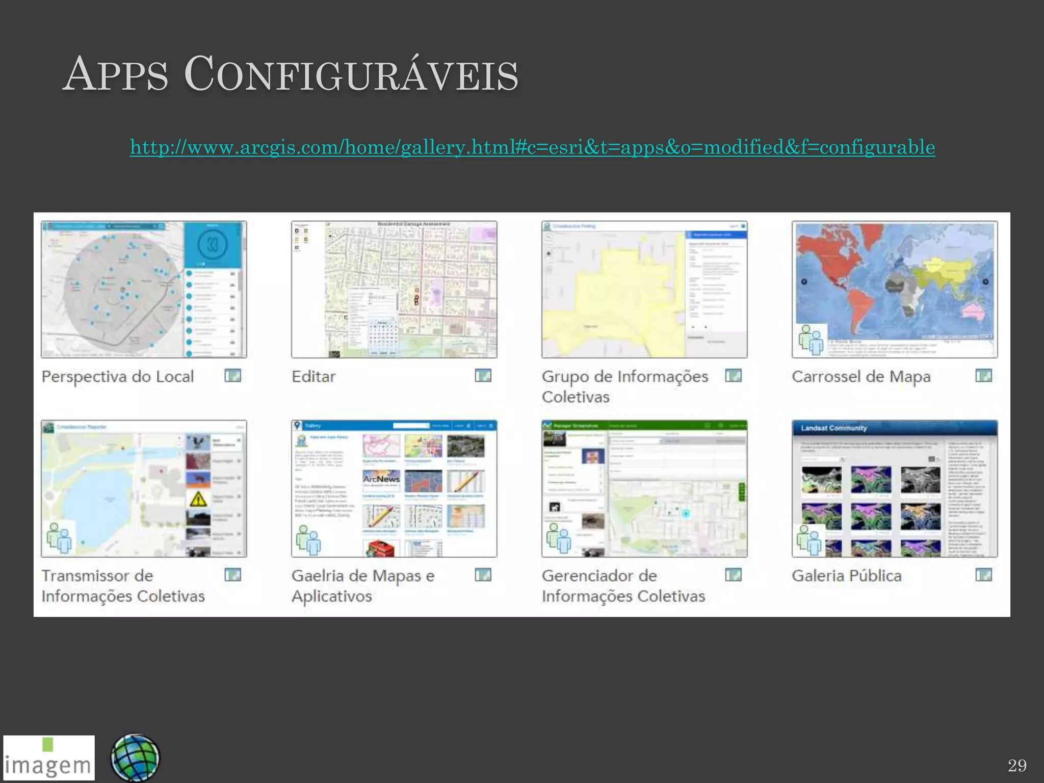 APPS CONFIGURÁVEIS
http://www.arcgis.com/home/gallery.html#c=esri&t=apps&o=modified&f=configurable
29
 