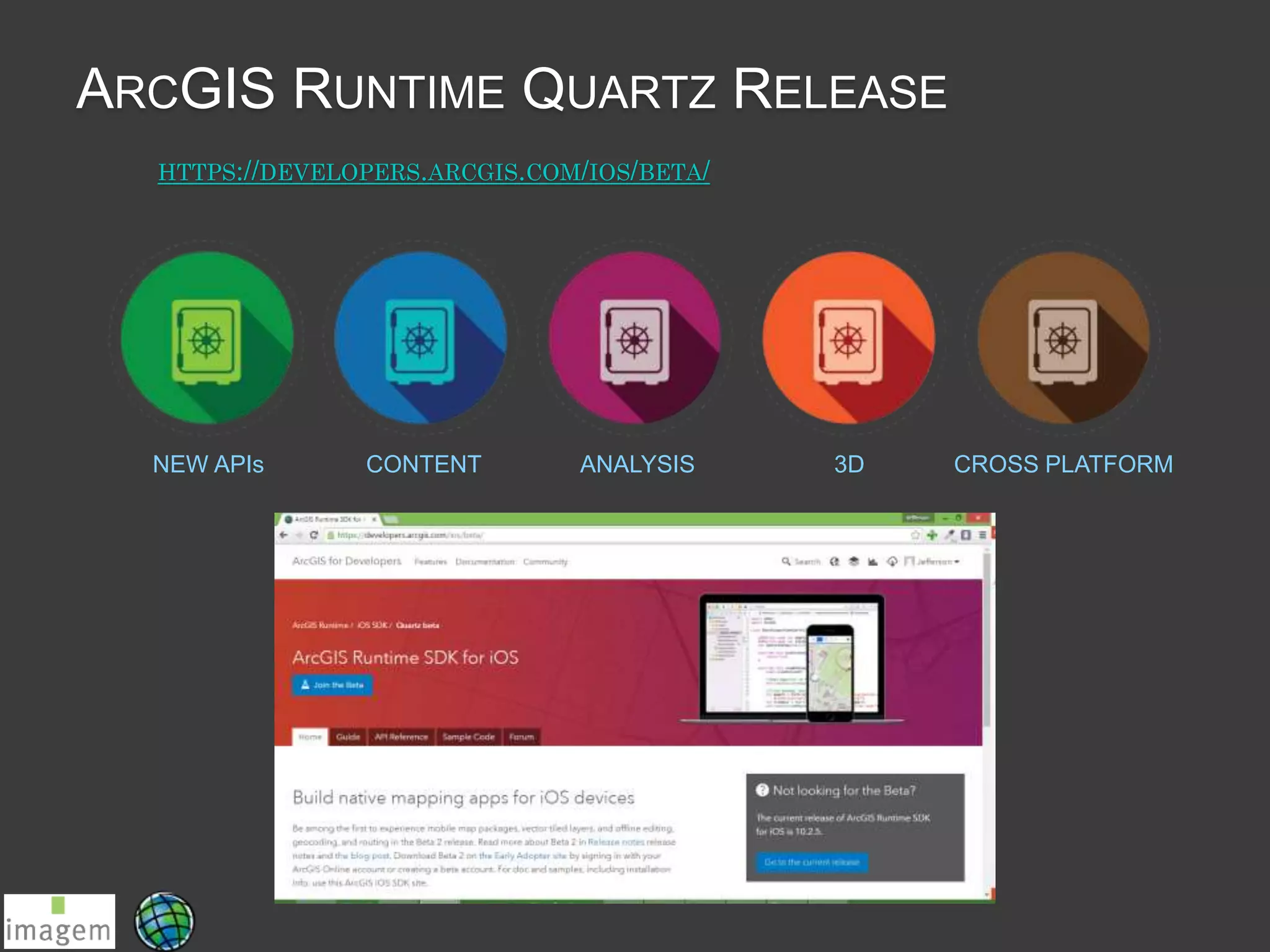 CONTENT ANALYSIS 3DNEW APIs CROSS PLATFORM
ARCGIS RUNTIME QUARTZ RELEASE
HTTPS://DEVELOPERS.ARCGIS.COM/IOS/BETA/
 