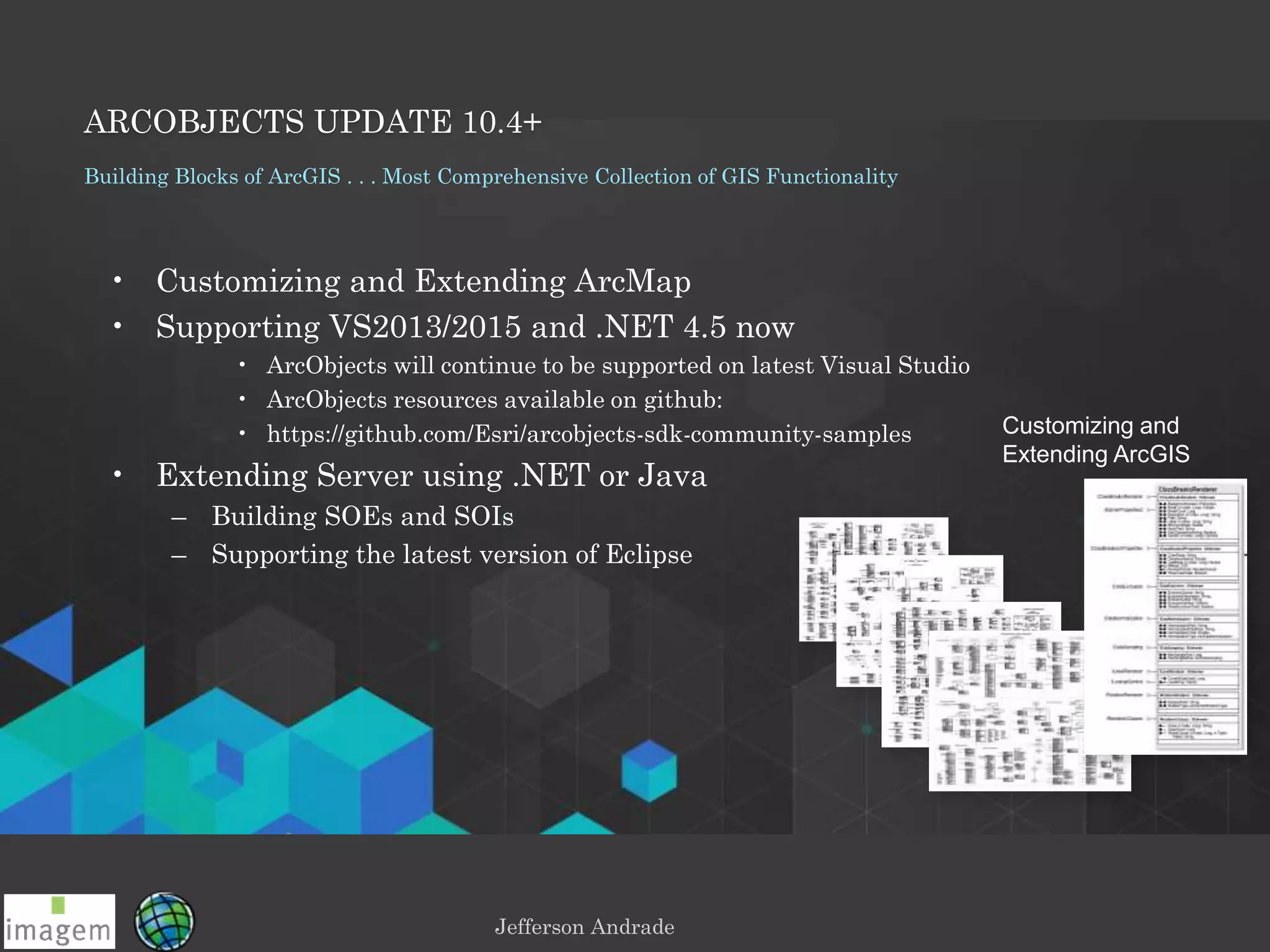 Jefferson Andrade
ARCOBJECTS UPDATE 10.4+
Building Blocks of ArcGIS . . . Most Comprehensive Collection of GIS Functionality
• Customizing and Extending ArcMap
• Supporting VS2013/2015 and .NET 4.5 now
• ArcObjects will continue to be supported on latest Visual Studio
• ArcObjects resources available on github:
• https://github.com/Esri/arcobjects-sdk-community-samples
• Extending Server using .NET or Java
– Building SOEs and SOIs
– Supporting the latest version of Eclipse
Customizing and
Extending ArcGIS
 