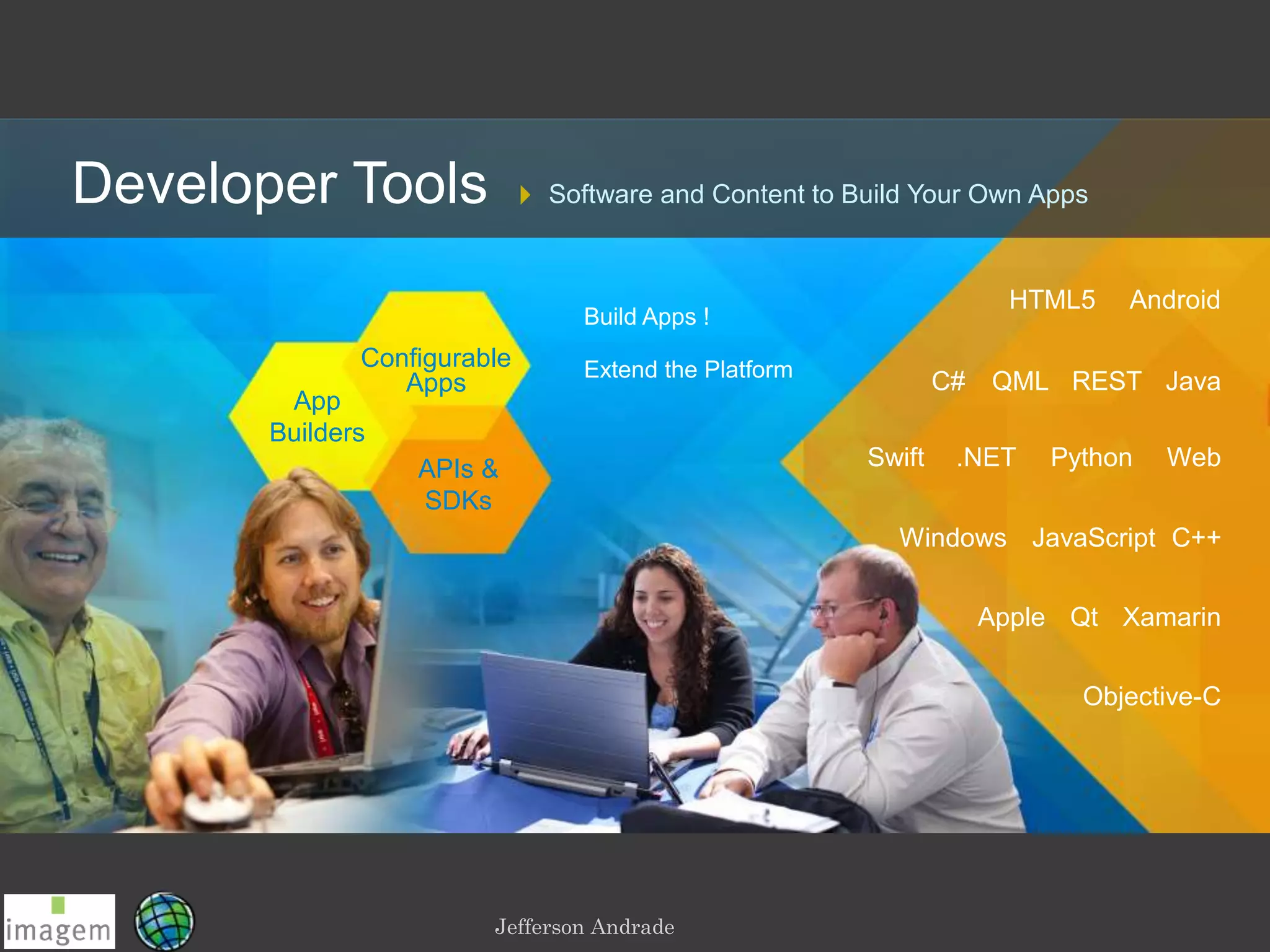 Jefferson Andrade
Android
Python
REST Java
Web
Windows JavaScript
HTML5
Swift
QtApple
.NET
Build Apps !
Extend the PlatformConfigurable
Apps
APIs &
SDKs
App
Builders
QML
Xamarin
Objective-C
C++
C#
Developer Tools Software and Content to Build Your Own Apps
 