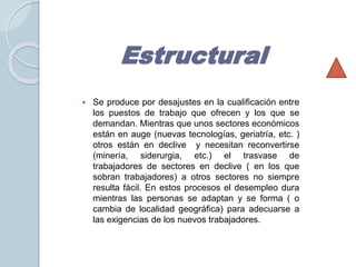 Estructural 
 Se produce por desajustes en la cualificación entre 
los puestos de trabajo que ofrecen y los que se 
demandan. Mientras que unos sectores económicos 
están en auge (nuevas tecnologías, geriatría, etc. ) 
otros están en declive y necesitan reconvertirse 
(minería, siderurgia, etc.) el trasvase de 
trabajadores de sectores en declive ( en los que 
sobran trabajadores) a otros sectores no siempre 
resulta fácil. En estos procesos el desempleo dura 
mientras las personas se adaptan y se forma ( o 
cambia de localidad geográfica) para adecuarse a 
las exigencias de los nuevos trabajadores. 
 