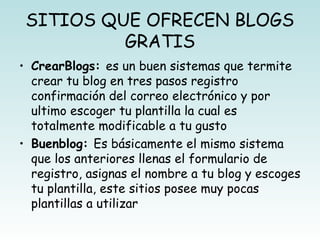 SITIOS QUE OFRECEN BLOGS
GRATIS
• CrearBlogs: es un buen sistemas que termite
crear tu blog en tres pasos registro
confirmación del correo electrónico y por
ultimo escoger tu plantilla la cual es
totalmente modificable a tu gusto
• Buenblog: Es básicamente el mismo sistema
que los anteriores llenas el formulario de
registro, asignas el nombre a tu blog y escoges
tu plantilla, este sitios posee muy pocas
plantillas a utilizar
 