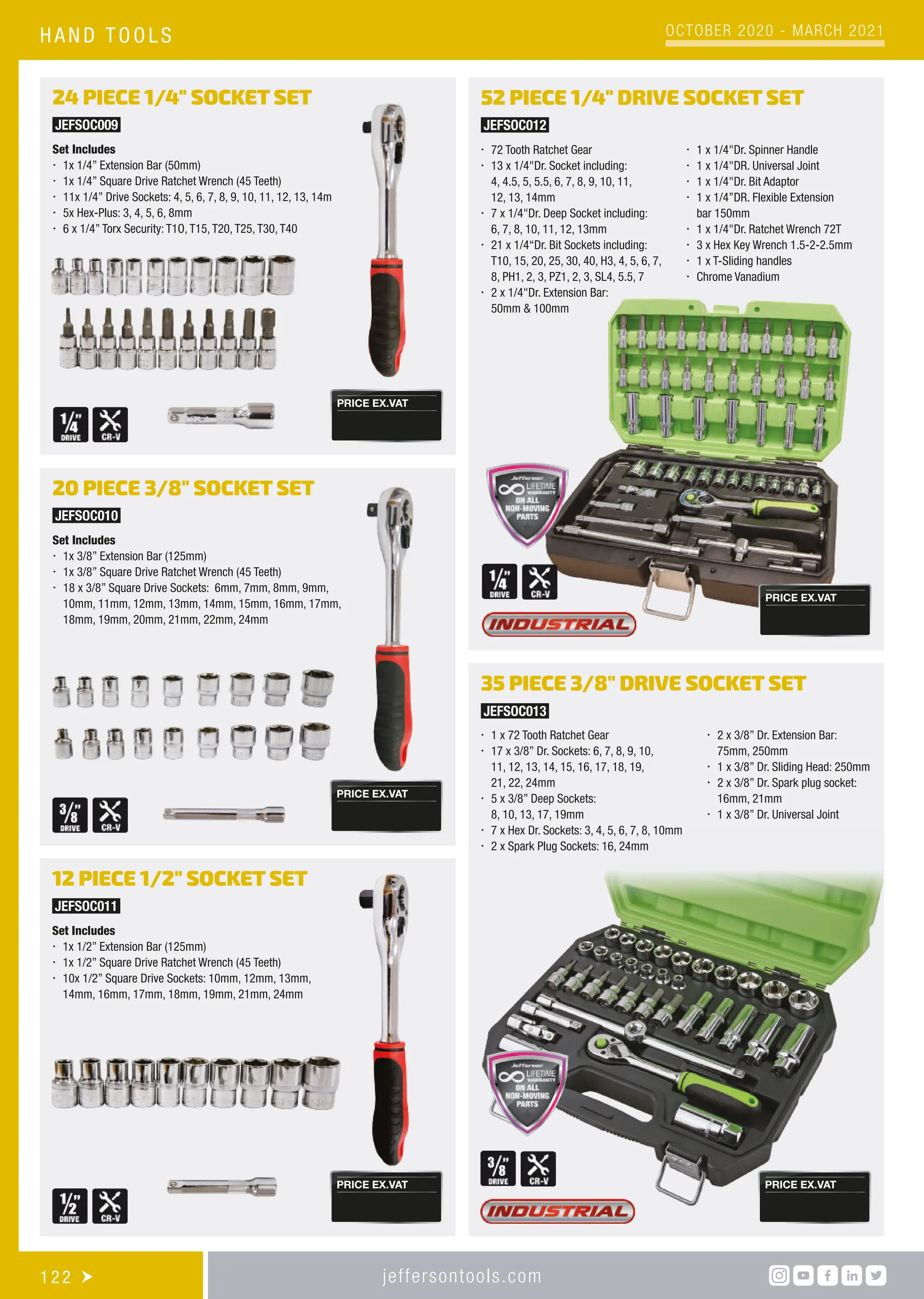 jeffersontools.com
122 
HA N D TO O LS OCTOBER 2020 - MARCH 2021
x
x 72 Tooth Ratchet Gear
x
x 13 x 1/4Dr. Socket including:
4, 4.5, 5, 5.5, 6, 7, 8, 9, 10, 11,
12, 13, 14mm
x
x 7 x 1/4Dr. Deep Socket including:
6, 7, 8, 10, 11, 12, 13mm
x
x 21 x 1/4“Dr. Bit Sockets including:
T10, 15, 20, 25, 30, 40, H3, 4, 5, 6, 7,
8, 
PH1, 2, 3, PZ1, 2, 3, SL4, 5.5, 7
x
x 2 x 1/4Dr. Extension Bar:
50mm  100mm
x
x 1 x 1/4Dr. Spinner Handle
x
x 1 x 1/4DR. Universal Joint
x
x 1 x 1/4Dr. Bit Adaptor
x
x 1 x 1/4”DR. Flexible Extension
bar 150mm
x
x 1 x 1/4Dr. Ratchet Wrench 72T
x
x 3 x Hex Key Wrench 1.5-2-2.5mm
x
x 1 x T-Sliding handles
x
x Chrome Vanadium
24 PIECE 1/4 SOCKET SET
Set Includes
x
x 1x 1/4” Extension Bar (50mm)
x
x 1x 1/4” Square Drive Ratchet Wrench (45 Teeth)
x
x 11x 1/4” Drive Sockets: 4, 5, 6, 7, 8, 9, 10, 11, 12, 13, 14m
x
x 5x Hex-Plus: 3, 4, 5, 6, 8mm
x
x 6 x 1/4” Torx Security: T1O, T15, T20, T25, T30, T40
JEFSOC009
PRICE EX.VAT
12 PIECE 1/2 SOCKET SET
Set Includes
x
x 1x 1/2” Extension Bar (125mm)
x
x 1x 1/2” Square Drive Ratchet Wrench (45 Teeth)
x
x 10x 1/2” Square Drive Sockets: 10mm, 12mm, 13mm,
14mm, 16mm, 17mm, 18mm, 19mm, 21mm, 24mm
JEFSOC011
PRICE EX.VAT
20 PIECE 3/8 SOCKET SET
Set Includes
x
x 1x 3/8” Extension Bar (125mm)
x
x 1x 3/8” Square Drive Ratchet Wrench (45 Teeth)
x
x 18 x 3/8” Square Drive Sockets: 6mm, 7mm, 8mm, 9mm,
10mm, 11mm, 12mm, 13mm, 14mm, 15mm, 16mm, 17mm,
18mm, 19mm, 20mm, 21mm, 22mm, 24mm
JEFSOC010
PRICE EX.VAT
52 PIECE 1/4 DRIVE SOCKET SET
JEFSOC012
PRICE EX.VAT
35 PIECE 3/8 DRIVE SOCKET SET
x
x 1 x 72 Tooth Ratchet Gear
x
x 17 x 3/8” Dr. Sockets: 6, 7, 8, 9, 10,
11, 12, 13, 14, 15, 16, 17, 18, 19,
21, 22, 24mm
x
x 5 x 3/8” Deep Sockets:
8, 10, 13, 17, 19mm
x
x 7 x Hex Dr. Sockets: 3, 4, 5, 6, 7, 8, 10mm
x
x 2 x Spark Plug Sockets: 16, 24mm
x
x 2 x 3/8” Dr. Extension Bar:
75mm, 250mm
x
x 1 x 3/8” Dr. Sliding Head: 250mm
x
x 2 x 3/8” Dr. Spark plug socket:
16mm, 21mm
x
x 1 x 3/8” Dr. Universal Joint
JEFSOC013
PRICE EX.VAT
 