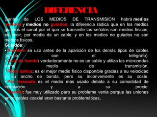 DIFERENCIA
Dentro de LOS MEDIOS DE TRANSMISION habrá medios
guiados y medios no guiados; la diferencia radica que en los medios
guiados el canal por el que se transmite las señales son medios físicos,
es decir, por medio de un cable; y en los medios no guiados no son
medios físicos.
Guiados:
• Alambre: se uso antes de la aparición de los demás tipos de cables
(surgió                  con                 el                  telégrafo).
• Guía de honda: verdaderamente no es un cable y utiliza las microondas
como                  medio                 de                transmisión.
• Fibra óptica: es el mejor medio físico disponible gracias a su velocidad
y su ancho de banda, pero su inconveniente es su coste.
• Par trenzado: es el medio más usado debido a su comodidad de
instalación             y             a             su               precio.
• Coaxial: fue muy utilizado pero su problema venia porque las uniones
entre cables coaxial eran bastante problemáticas.
•
 