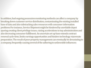 Inaddition,badongoingpossessionmonitoringmethodscanaffectacompanyby
breakingdowncustomerservicedistribution,contaminatingtheexistinginstalled
baseofdataandalsosidetrackingsalesresourceswithconsumerinformation
problemsForinstance,ServiceShipmentmightbehinderedbyunreliabledepot
sparingcreatingclientprivilegeissues,raisingaccelerationstotopadministrationand
alsodecreasingconsumerfulfillment.Anuncertainsetupbaseextendscontract
renewalcycle-time,limitsearningsopportunitiesandhinderstechnologyrejuvenate
preparation.Theresultofpoorpropertymanagementcaneventuallybedevastatingto
acompany,frequentlycausingseveraloftheadheringtounfavorableinfluences:
 