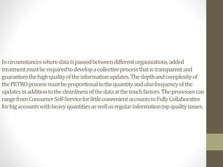 Incircumstanceswheredataispassedbetweendifferentorganizations,added
treatmentmustberequiredtodevelopacollectiveprocessthatistransparentand
guaranteesthehighqualityoftheinformationupdates.Thedepthandcomplexityof
thePETROprocessmustbeproportionaltothequantityandalsofrequencyofthe
updatesinadditiontothecleanlinessofthedataatthetouchfactors.Theprocessescan
rangefromConsumerSelf-ServiceforlittleconvenientaccountstoFullyCollaborative
forbigaccountswithheavyquantitiesaswellasregularinformationtopqualityissues.
 