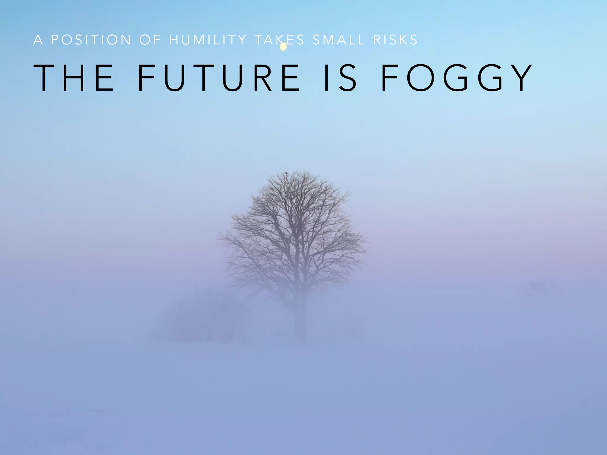T H E F U T U R E I S F O G G Y
A P O S I T I O N O F H U M I L I T Y TA K E S S M A L L R I S K S
 