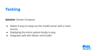Solution: Docker Compose
● Makes it easy to swap out the model server with a mock
service
● Deploying the entire system locally is easy
● Integrates well with Maven and Gradle
Testing
 