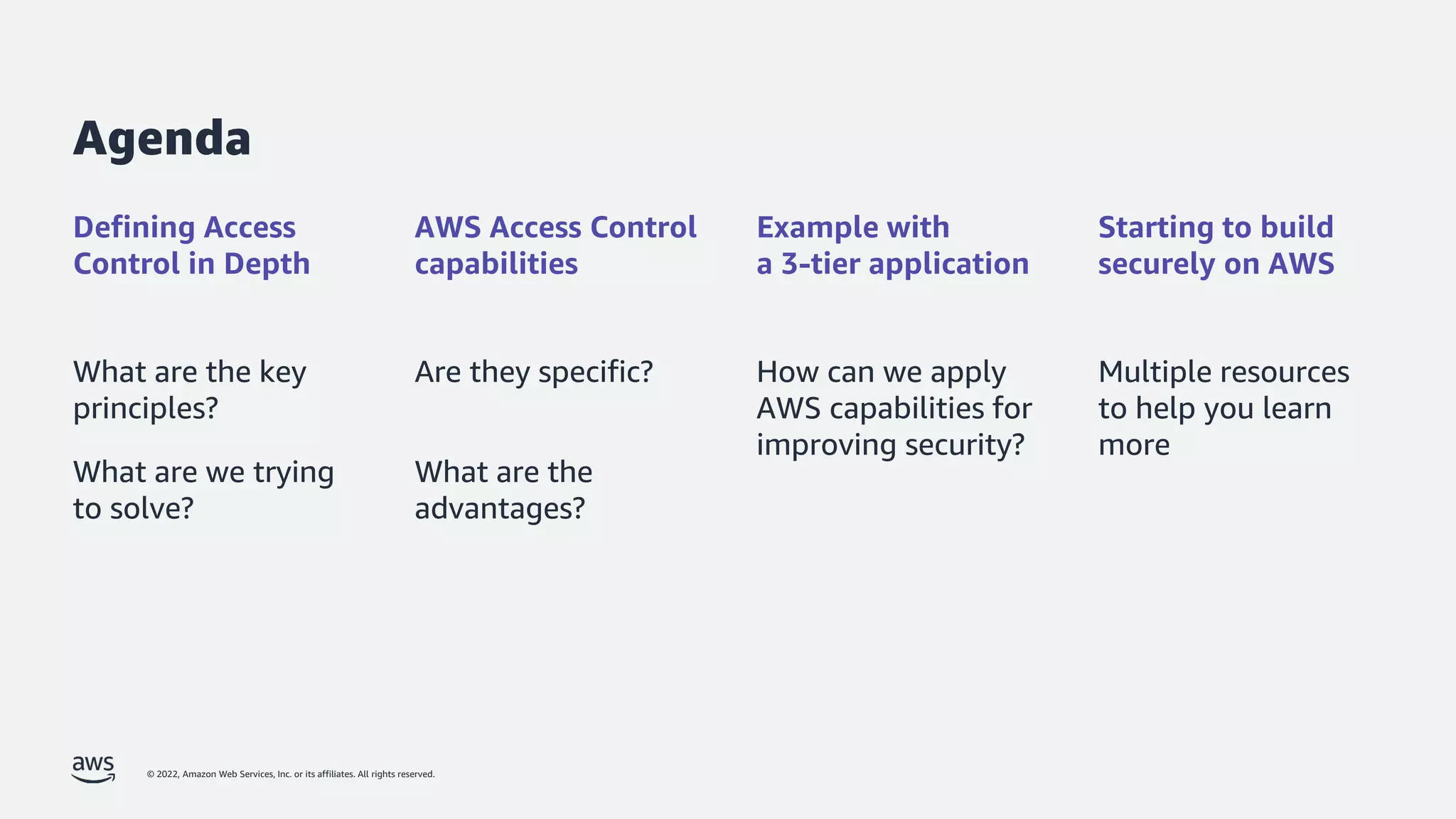 © 2022, Amazon Web Services, Inc. or its affiliates. All rights reserved.
What are the key
principles?
What are we trying
to solve?
Agenda
Defining Access
Control in Depth
AWS Access Control
capabilities
Are they specific?
What are the
advantages?
Example with
a 3-tier application
How can we apply
AWS capabilities for
improving security?
Starting to build
securely on AWS
Multiple resources
to help you learn
more
 