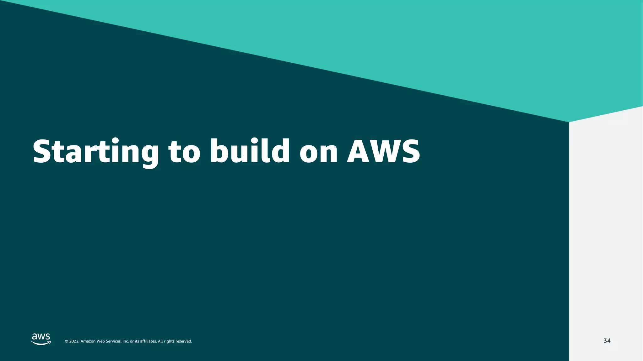 © 2022, Amazon Web Services, Inc. or its affiliates. All rights reserved.
© 2022, Amazon Web Services, Inc. or its affiliates. All rights reserved. 34
Starting to build on AWS
 