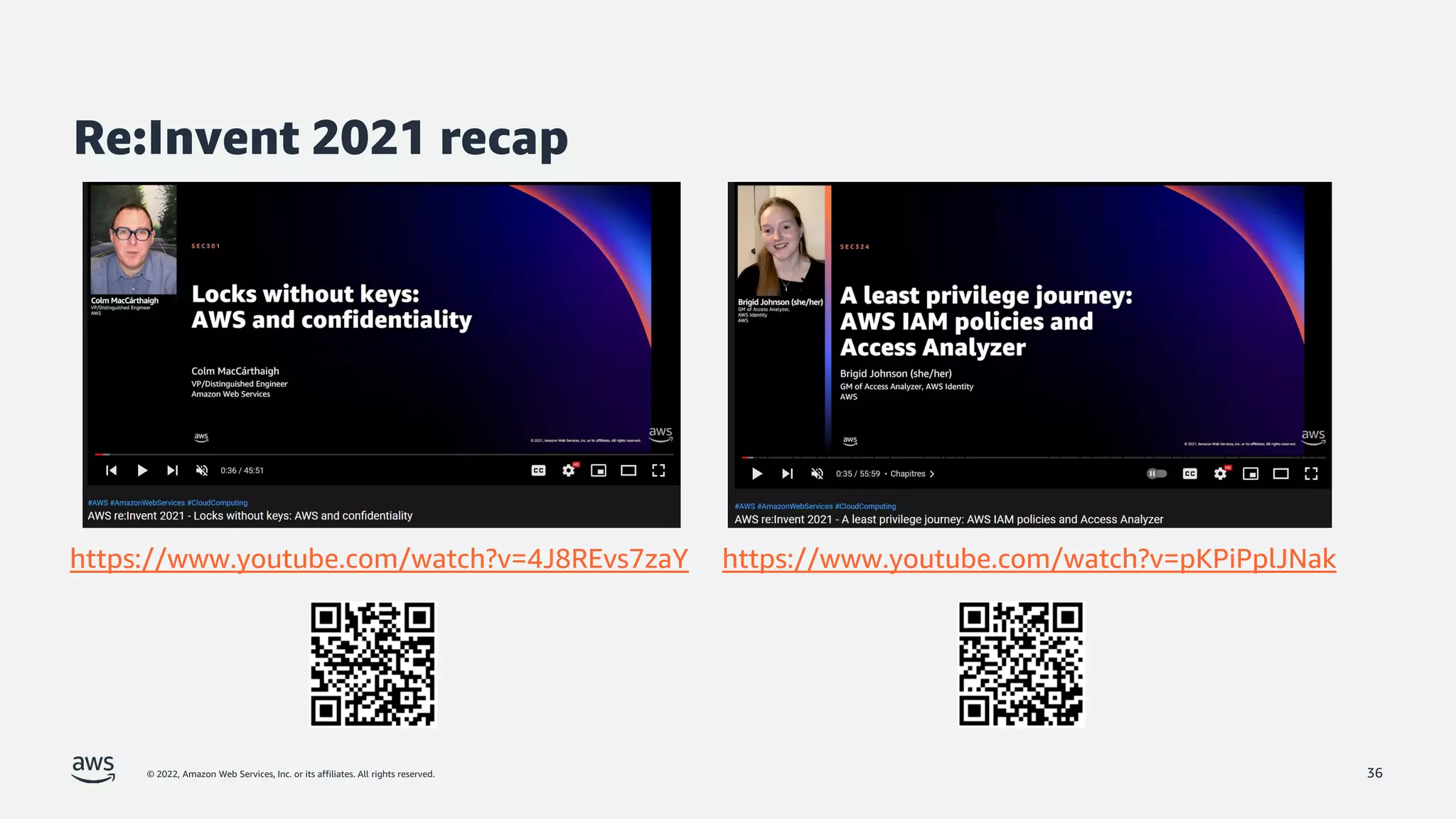 © 2022, Amazon Web Services, Inc. or its affiliates. All rights reserved.
Re:Invent 2021 recap
36
https://www.youtube.com/watch?v=4J8REvs7zaY https://www.youtube.com/watch?v=pKPiPplJNak
 