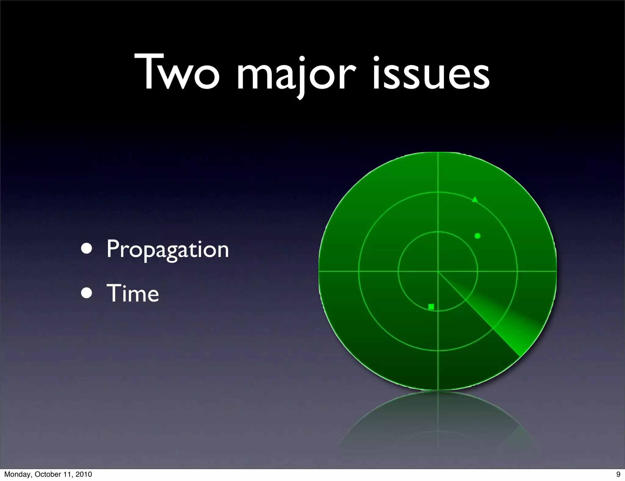 Two major issues


                    • Propagation
                    • Time


Monday, October 11, 2010                      9
 