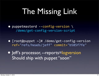 The Missing Link
            • puppetmasterd  -­‐-­‐config-­‐version  
                       /demo/get-­‐config-­‐version...