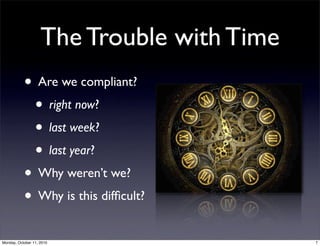 The Trouble with Time
           • Are we compliant?
            • right now?
            • last week?
            • last ...