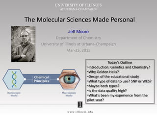 The Molecular Sciences Made Personal
Jeff Moore
Department of Chemistry
University of Illinois at Urbana-Champaign
Mar-25, 2015
UNIVERSITY OF ILLINOIS
AT URBANA-CHAMPAIGN
Today’s Outline
•Introduction: Genetics and Chemistry?
•Why Golden Helix?
•Design of the educational study
•What type of data to use? SNP or WES?
•Maybe both types?
•Is the data quality high?
•What’s been my experience from the
pilot seat?
 