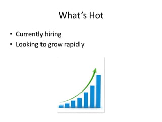 What’s Hot
• Currently hiring
• Looking to grow rapidly
 