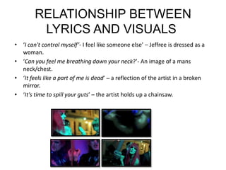 RELATIONSHIP BETWEEN LYRICS AND VISUALS ‘I can't control myself’- I feel like someone else’ – Jeffree is dressed as a woman.‘Can you feel me breathing down your neck?’- An image of a mans neck/chest.‘It feels like a part of me is dead’ – a reflection of the artist in a broken mirror.‘It's time to spill your guts’ – the artist holds up a chainsaw.