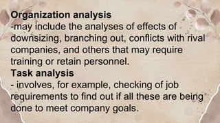 Organization analysis
-may include the analyses of effects of
downsizing, branching out, conflicts with rival
companies, and others that may require
training or retain personnel.
Task analysis
- involves, for example, checking of job
requirements to find out if all these are being
done to meet company goals.
 