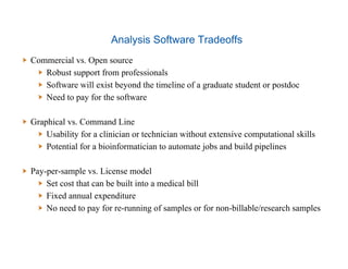 Analysis Software Tradeoffs
  Commercial vs. Open source
  Robust support from professionals
  Software will exist beyond the timeline of a graduate student or postdoc
  Need to pay for the software
  Graphical vs. Command Line
  Usability for a clinician or technician without extensive computational skills
  Potential for a bioinformatician to automate jobs and build pipelines
  Pay-per-sample vs. License model
  Set cost that can be built into a medical bill
  Fixed annual expenditure
  No need to pay for re-running of samples or for non-billable/research samples
 