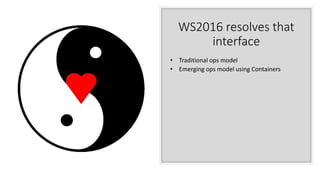 WS2016 resolves that
interface
• Traditional ops model
• Emerging ops model using Containers
 