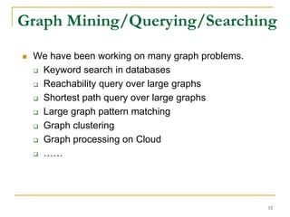 Graph Mining/Querying/Searching
 We have been working on many graph problems.
 Keyword search in databases
 Reachability query over large graphs
 Shortest path query over large graphs
 Large graph pattern matching
 Graph clustering
 Graph processing on Cloud
 ……
12
 
