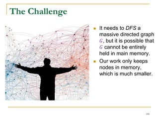 The Challenge
 It needs to DFS a
massive directed graph
𝐺, but it is possible that
𝐺 cannot be entirely
held in main memory.
 Our work only keeps
nodes in memory,
which is much smaller.
140
 